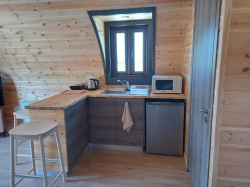 a small kitchen with a sink and a microwave at Glamping Pod in Prodhromi
