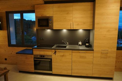 a kitchen with a sink and a microwave at Le chamois, chez le charpentier d'antan, au calme, spacieux T3 duplex, ambiance chalet, vue dégagée, parking privé in Épagny
