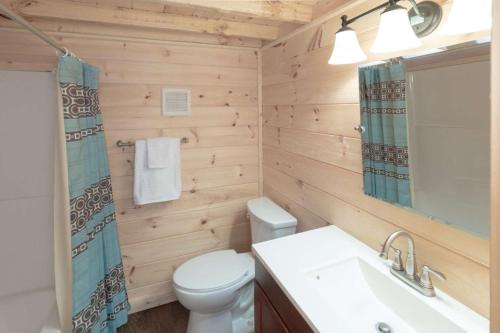 a bathroom with a toilet and a sink and a mirror at Sun Outdoors Pigeon Forge in Sevierville