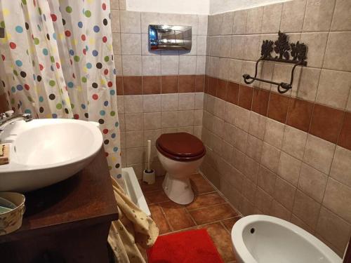 La salle de bains est pourvue de toilettes et d'un lavabo. dans l'établissement La casa della Rocca, 
