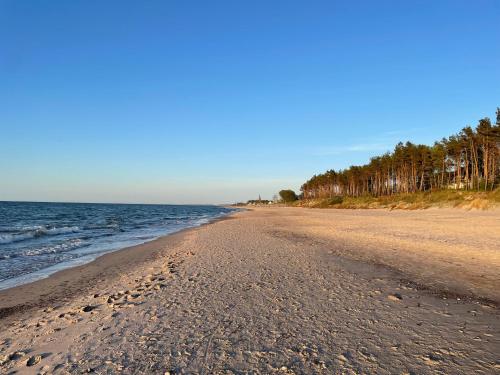 a beach with footprints in the sand and water at Villa & Domek Maja in Sarbinowo