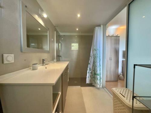 a bathroom with a sink and a large mirror at View apartment - St Barts in Marigot