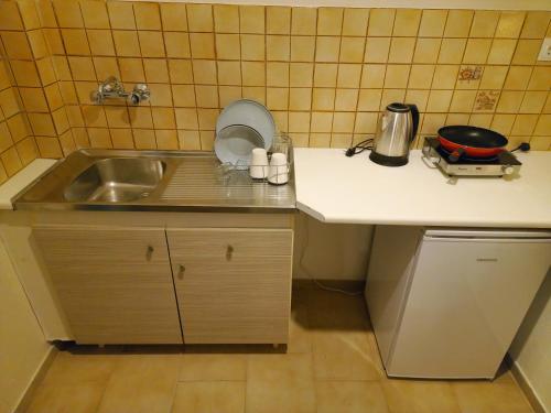 a small kitchen with a sink and a counter at Cavo Garden in Kavos