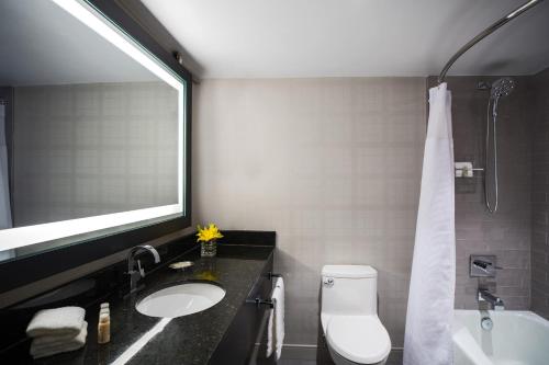 a bathroom with a sink and a toilet and a mirror at Renaissance Minneapolis Bloomington Hotel in Bloomington