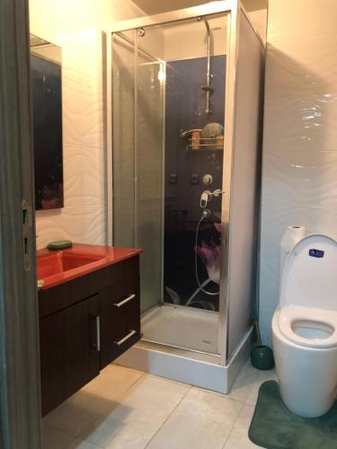ein Bad mit einer Dusche, einem WC und einem Waschbecken in der Unterkunft Appartement de vacances piscine in Mohammedia