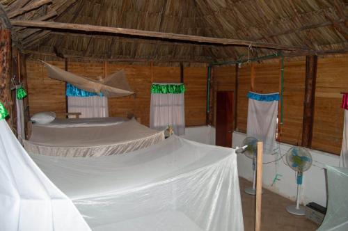 una habitación con una tienda de campaña con una cama en ella en Eco Hotel Campo Verde, en Isla Grande