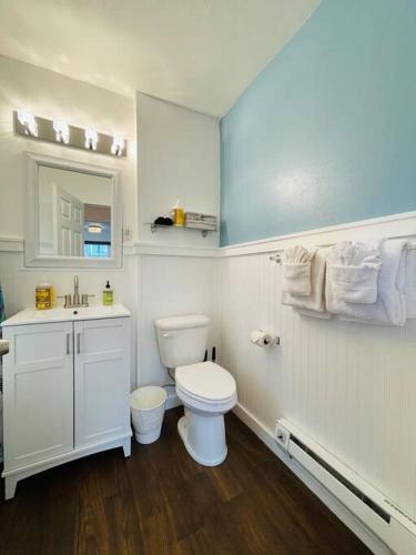 a white bathroom with a toilet and a sink at Phinneywood Cottage - Greenlake - Zoo - Phinney in Seattle