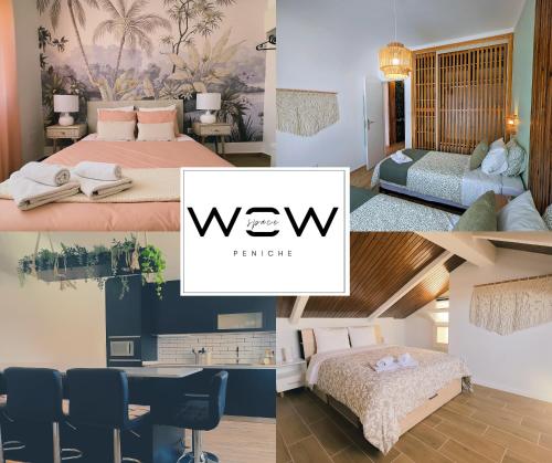 a collage of three pictures of a bedroom at Wow space Peniche in Peniche