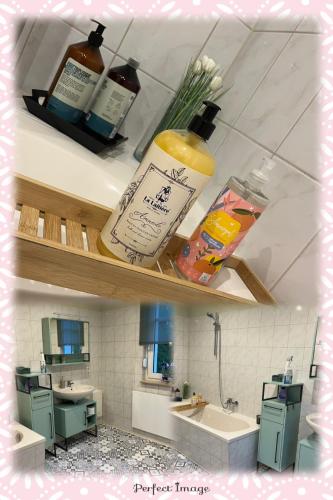 a bathroom with two shelves with products on it at Hof Koch in Nobitz