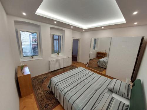Un dormitorio con una cama y un espejo grande. en Apartment Honey Free Parking, en Sarajevo
