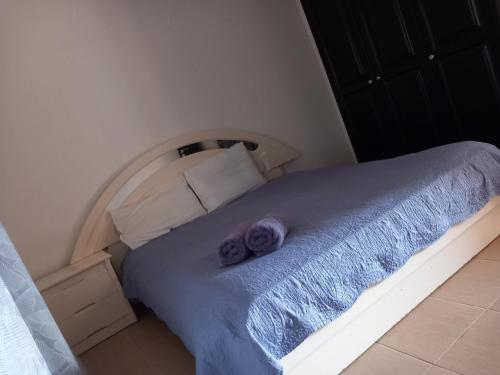 a bed with two purple towels on top of it at Sunset Villa in Nea Paphos