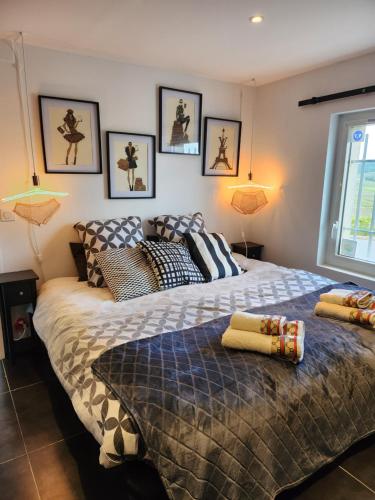 een slaapkamer met een groot bed met kussens erop bij Flor'Ever en Champagne in Fleury-la-Rivière