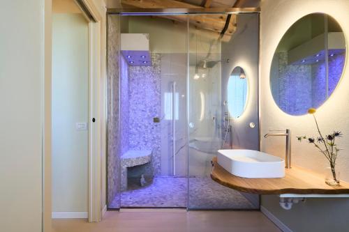 bagno con doccia in vetro e lavandino di Agriturismo Borgonuovo a Rimini