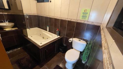 a bathroom with a toilet and a sink and a tub at Around Juan Santa María in Alajuela City