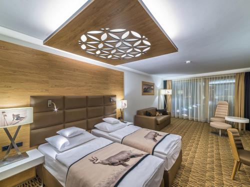 ザコパネにあるレジデンシャ ナオサロイ ドヴォールのベッド2台とソファが備わるホテルルームです。