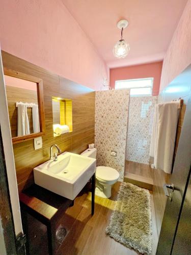 a bathroom with a white sink and a toilet at Casa Verde Petrópolis in Petrópolis