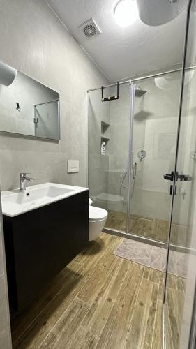 a bathroom with a sink and a toilet and a shower at Host Elios Tirana in Tirana