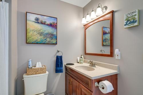 a bathroom with a sink and a toilet and a mirror at Sunrise Sunset Island Lake House with Pontoon! in Fenton