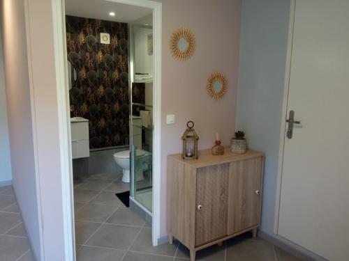 ein Badezimmer mit einem WC und einem Holzschrank in der Unterkunft la maison des taillis in Saint-Paul