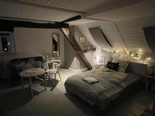 1 dormitorio con 1 cama, mesa y sillas en "unterm Dach" in Nassau an der Lahn, en Nassau
