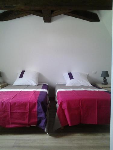 deux lits côte à côte dans une pièce dans l'établissement Gite de Born avec piscine privée au coeur de la campagne, à Born-de-Champs