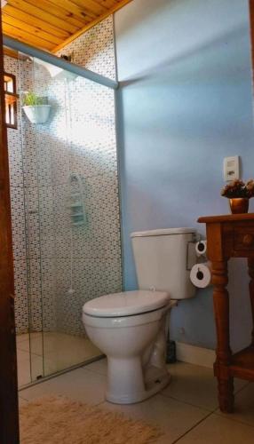 a bathroom with a toilet and a glass shower at Casa Serra Negra in Bezerros
