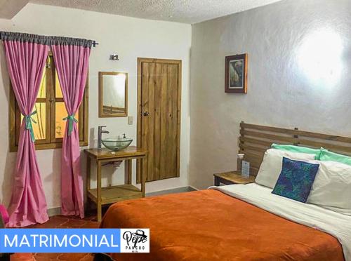 a bedroom with a bed and a sink and a window at Hotel Pepe Pancho in San Cristóbal de Las Casas