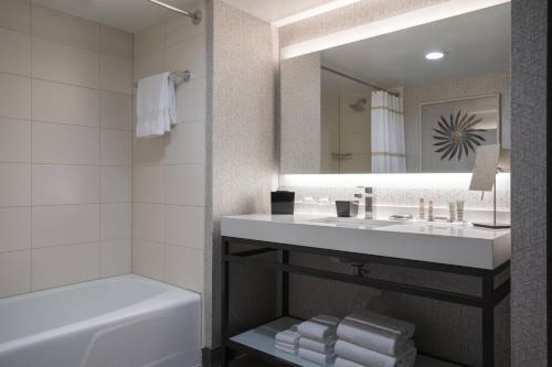 a bathroom with a sink and a tub and a mirror at Chicago Marriott Schaumburg in Schaumburg