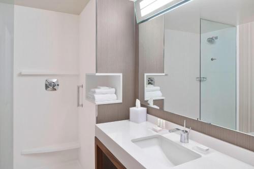 a bathroom with a sink and a mirror at Courtyard by Marriott Albany Troy/Waterfront in Troy