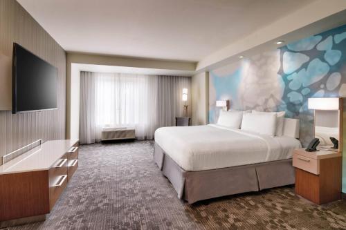 um quarto de hotel com uma cama e uma televisão de ecrã plano em Courtyard by Marriott Atlanta Duluth Downtown em Duluth