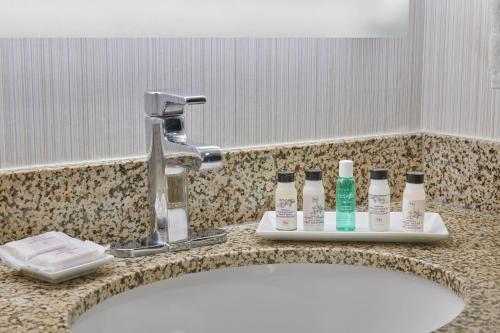 ein Waschbecken mit einem Wasserhahn und 4 Flaschen Seife in der Unterkunft Delta Hotels by Marriott Detroit Novi in Farmington Hills