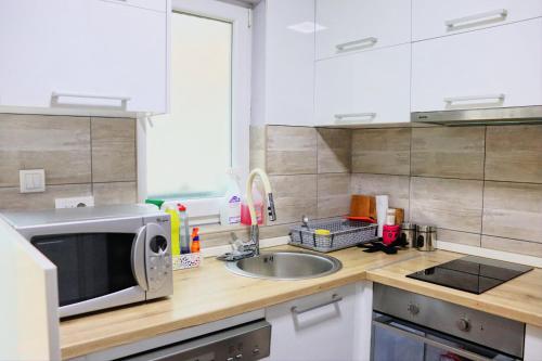 a kitchen with a sink and a microwave at Red Kruz in Vračar (historical)