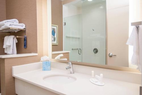 Fairfield Inn & Suites by Marriott LaPlace في لابلاس: حمام مع حوض ومرآة كبيرة