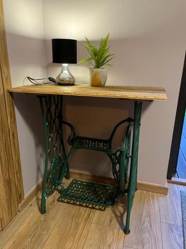 a wooden table with a plant on top of it at Siedlisko Kępina Zdrój in Ostrów