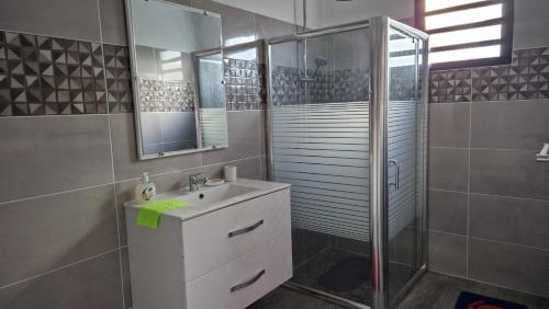 a bathroom with a sink and a shower at LES GITES D'ANGELE in Vieux-Habitants