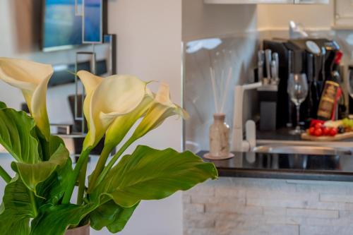 a yellow flower in a vase in a kitchen at Uniquely designed Villa Ivana with outdoor Jacuzzi nearby the pebble Banje beach at the Island of Solta in Rogač
