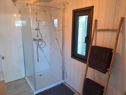 une douche avec une porte vitrée dans une salle de bain dans l'établissement Chambre bulle avec spa au cœur du val de Loire, à Cheillé
