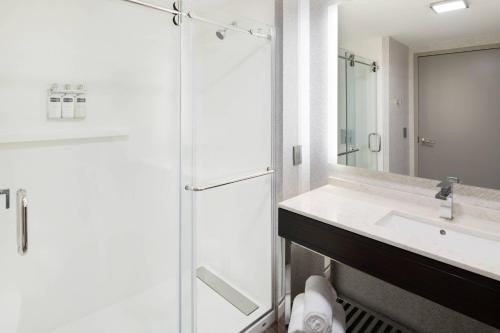 a bathroom with a shower and a sink and a mirror at Residence Inn by Marriott Boston Natick in Natick