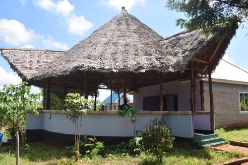 a house with a thatched roof at Kili View Lodge in Moshi