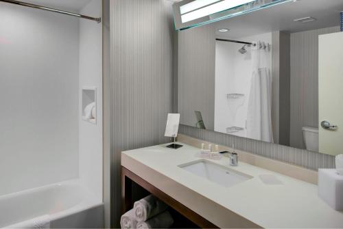 baño con lavabo y espejo grande en Courtyard by Marriott Atlanta Kennesaw, en Kennesaw