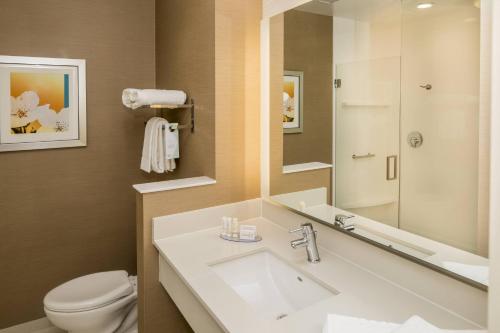 a bathroom with a sink and a toilet and a mirror at Fairfield Inn & Suites by Marriott Pittsburgh North/McCandless Crossing in McCandless Township