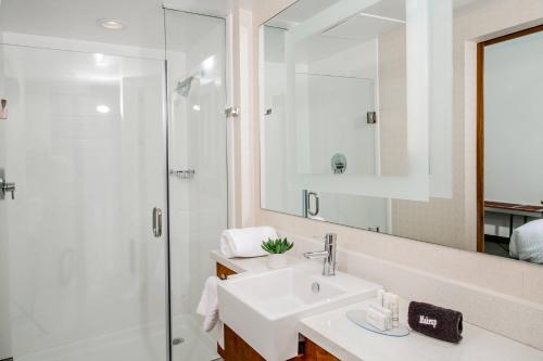 查爾斯頓的住宿－查爾斯頓芒特普萊森特春季山丘套房萬豪酒店，白色的浴室设有水槽和淋浴。