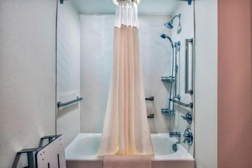 a bathroom with a shower curtain and a tub at Fairfield Inn & Suites by Marriott Cortland in Cortland