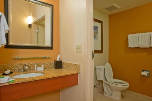 uma casa de banho com um WC, um lavatório e um espelho. em Courtyard Gulf Shores Craft Farms em Gulf Shores