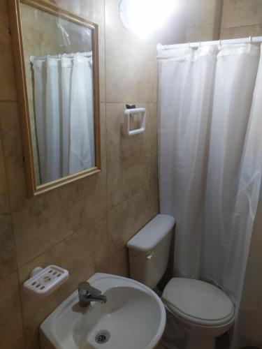 a bathroom with a sink and a toilet and a mirror at Departamentos Anchorena #5 in Ciudad Lujan de Cuyo