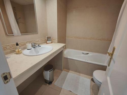 a bathroom with a sink and a toilet and a mirror at Jolie maison à Cabopino Marbella in Marbella
