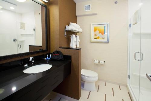 a bathroom with a sink and a toilet and a mirror at Fairfield Inn & Suites by Marriott Wentzville in Wentzville