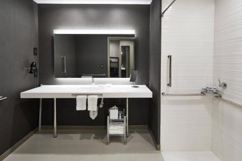 a bathroom with a sink and a mirror and a shower at AC Hotel by Marriott Tuscaloosa Downtown in Tuscaloosa