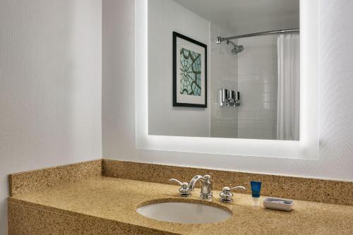 encimera con lavabo y espejo en Four Points by Sheraton Little Rock Midtown, en Little Rock