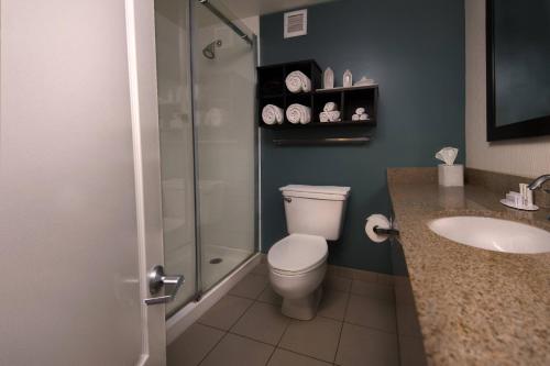 a bathroom with a shower and a toilet and a sink at Courtyard by Marriott New Bern in New Bern